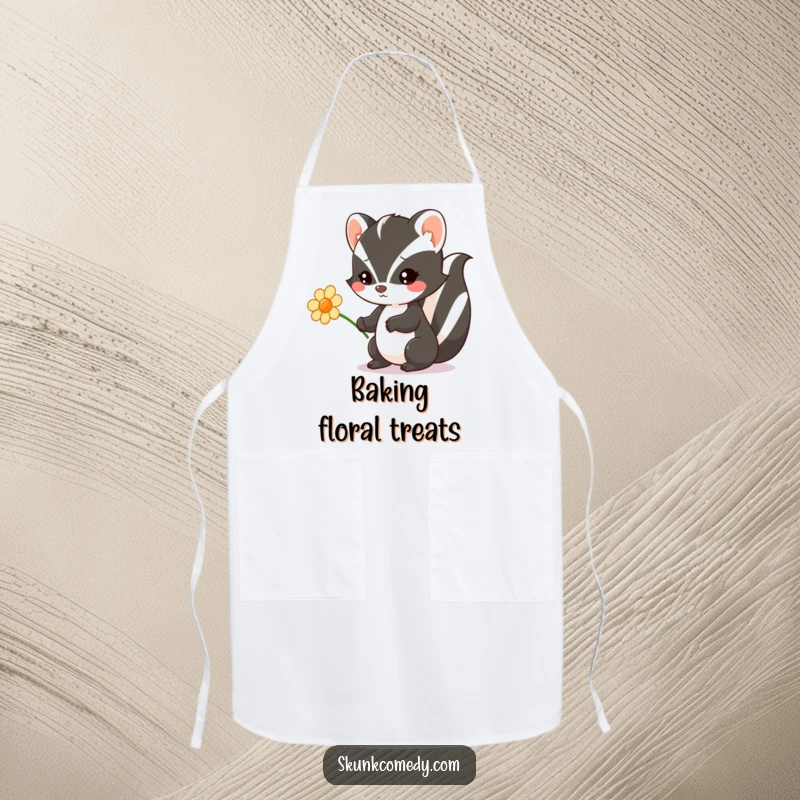 Funny Kawaii Skunk apron showing a skunk offering a flower, perfect for adding humor and sweetness to cooking or crafting.