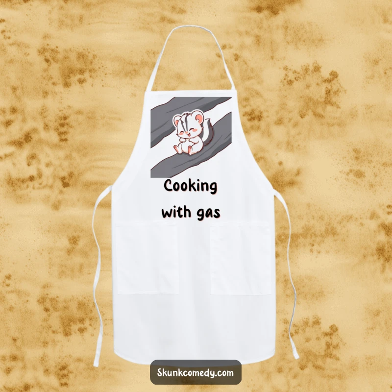 Funny apron design with a skunk gleefully giggling while sliding down a dark, smooth rock.