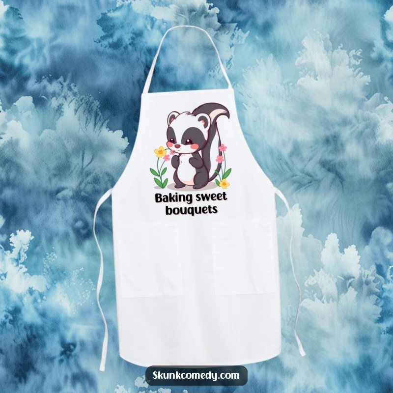 Funny Kawaii Skunk Apron showing a cute skunk happily sniffing flowers, perfect for a whimsical cooking experience.