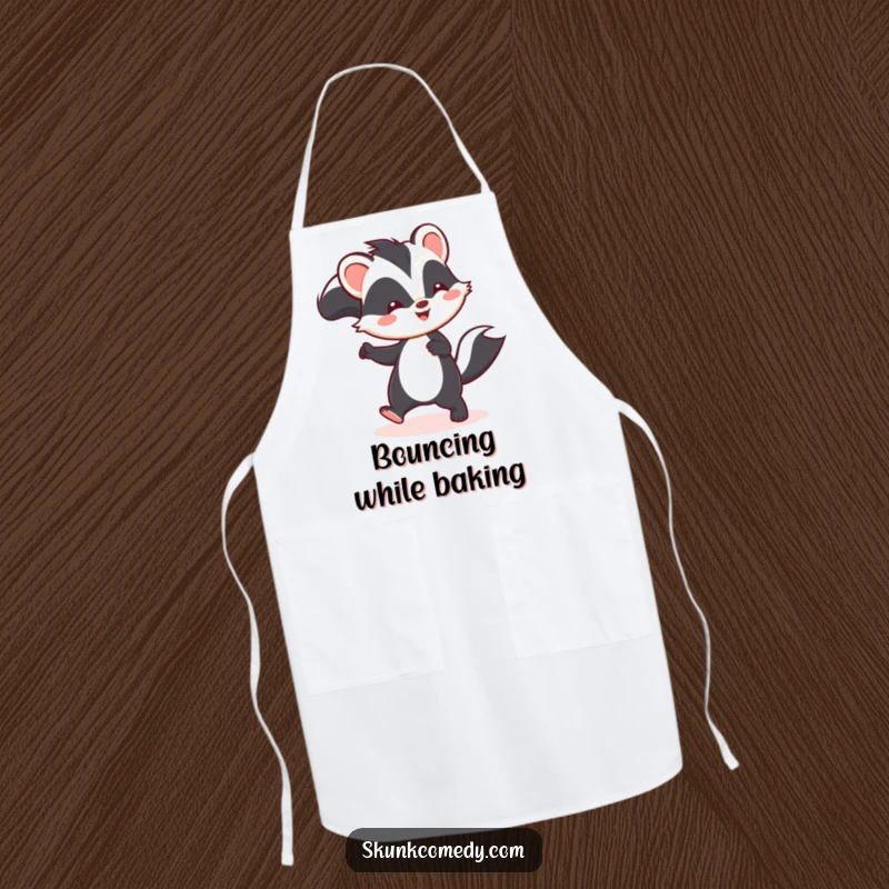 Funny Kawaii skunk apron with a skunk gleefully hopping, perfect for adding a humorous touch to cooking.