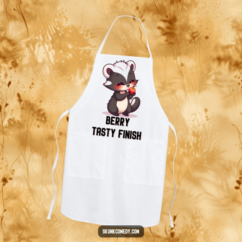 Funny apron featuring a shy skunk offering a small, glowing berry with a bashful smile.