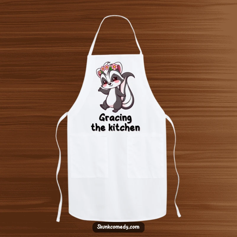 Funny Skunk Apron showing a skunk wearing a flower crown and playfully twirling, perfect for a whimsical cooking experience.
