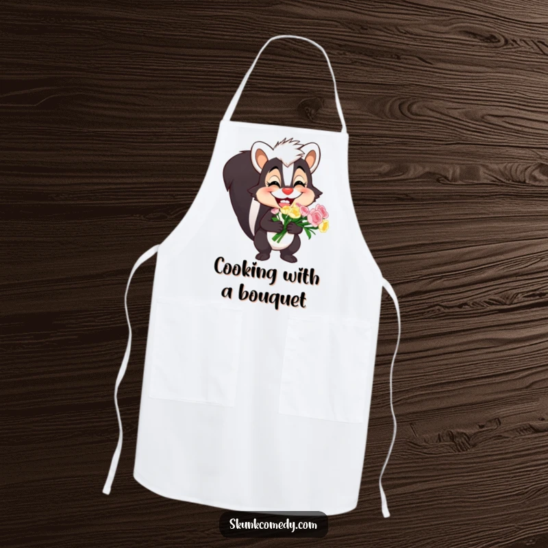 Funny skunk apron with a joyful skunk wearing a goofy grin and holding a bouquet, ready for kitchen adventures.