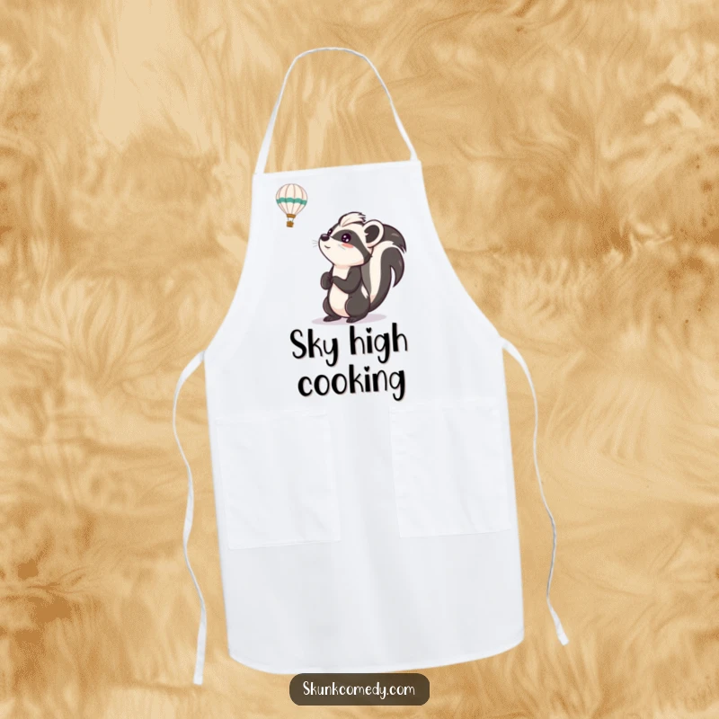 Funny skunk apron illustrating a skunk looking up with excitement at a passing hot air balloon, ideal for a humorous cooking experience.