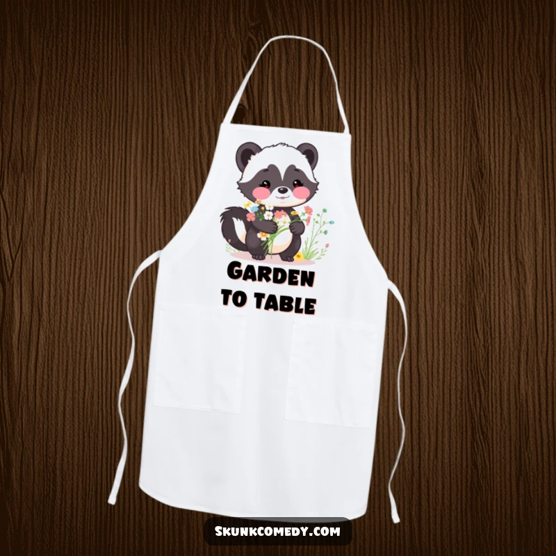 Funny skunk apron, rosy cheeks, holding a bouquet of wildflowers, practical and charming kitchen wear, a perfect funny gift.