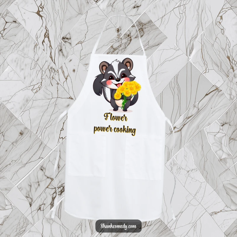 Funny skunk apron illustrating a skunk with a wide grin holding oversized dandelions, ideal for a cheerful and humorous cooking experience.