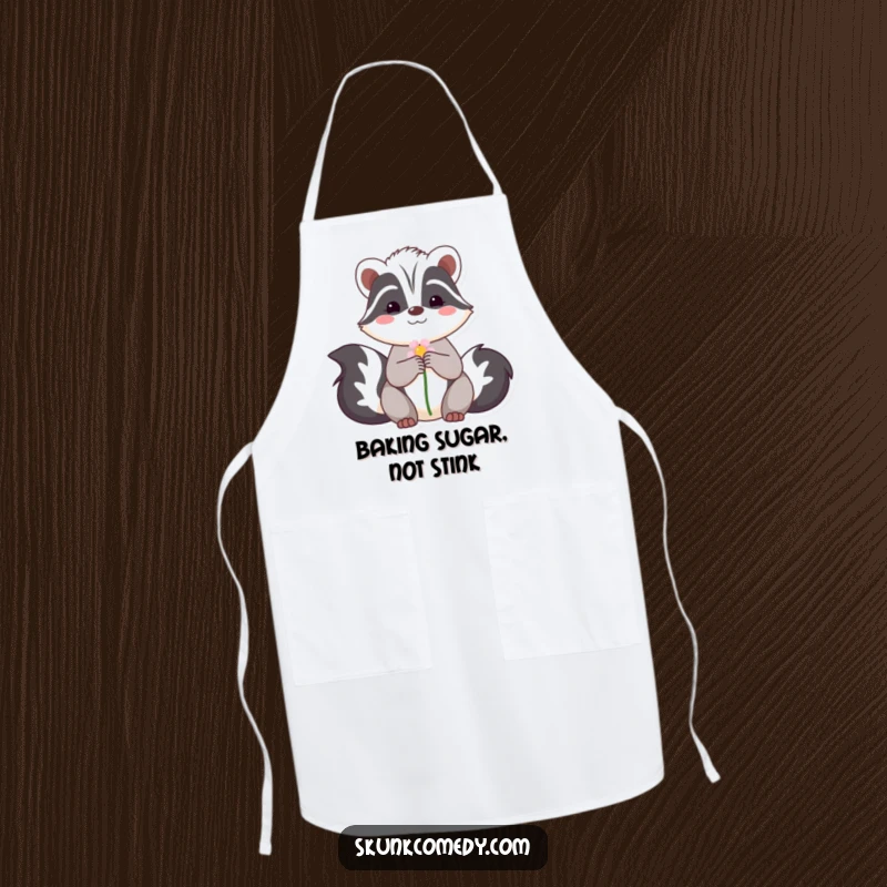 Funny apron with a shy skunk offering a flower, a sweet and practical item for kitchen enthusiasts who value gentle gestures.