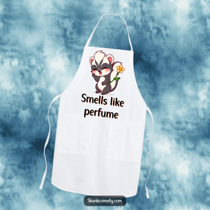 Funny skunk apron depicting a skunk playfully twirling a flower, adding a touch of humorous charm to kitchen activities.