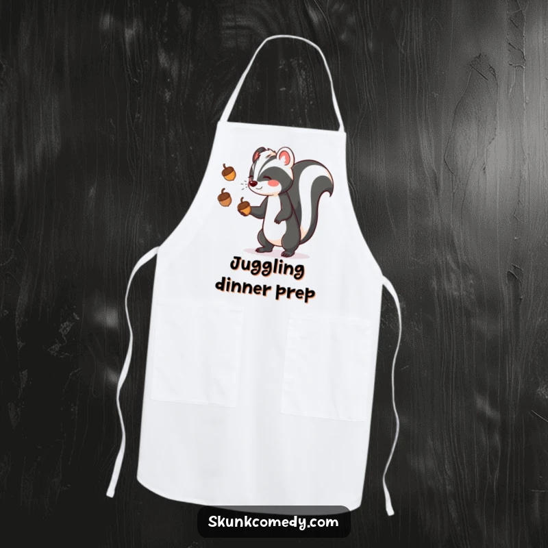 Funny skunk wearing a chef's hat and juggling acorns on a durable apron, ready for kitchen chaos.