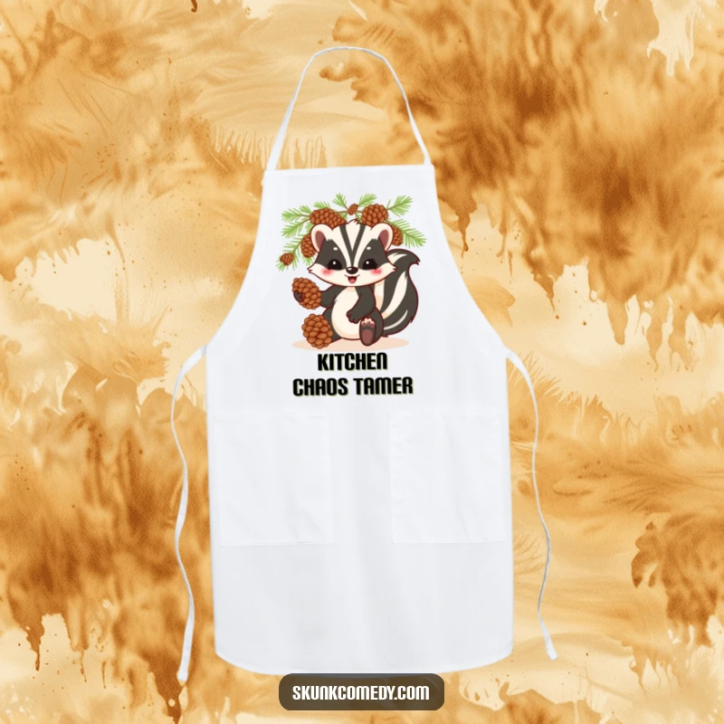 Funny skunk apron, playfully juggling pinecones, humorous kitchen wear for cooking enthusiasts.