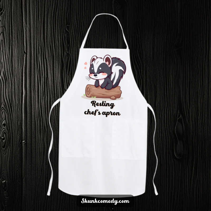 Funny skunk log apron, a skunk sits on a comfortable log with a relieved sigh, humorous and practical kitchen accessory.