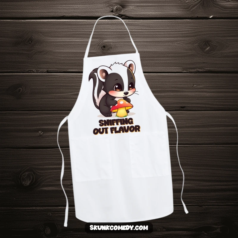 Funny apron with a curious skunk with wide eyes sniffing a glowing mushroom, ready for kitchen tasks with enchanting flair.