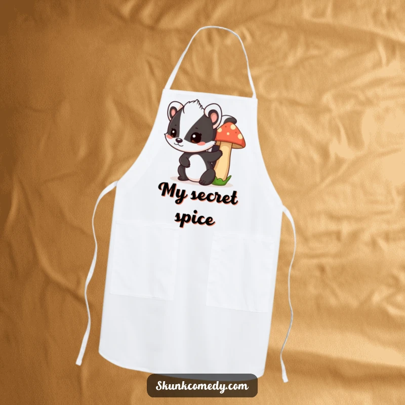 Funny skunk mushroom apron, a playful skunk peeks from behind a mushroom, humorous and practical kitchen accessory.