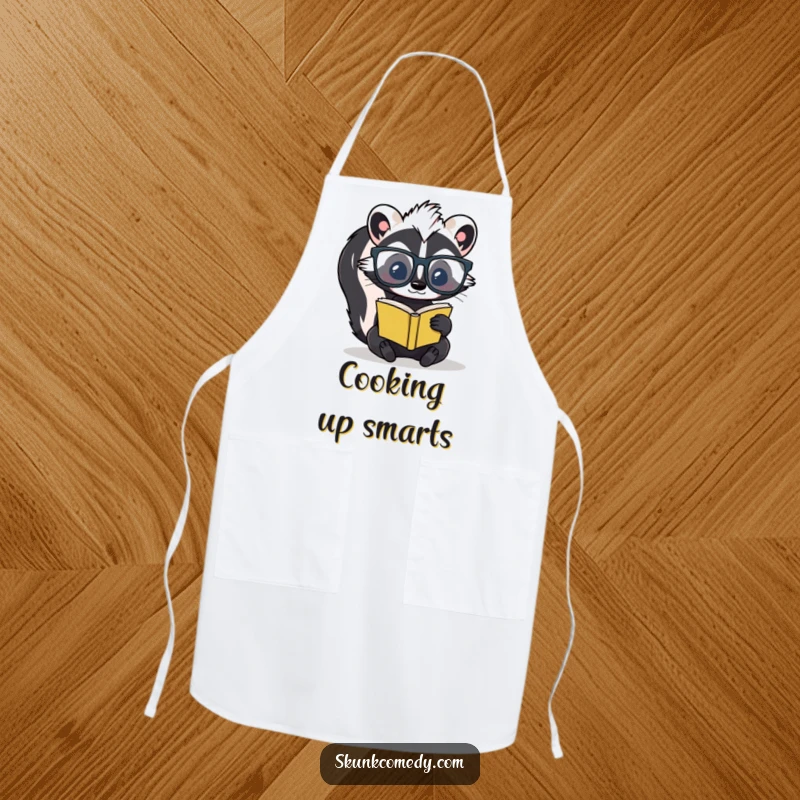 Funny skunk in oversized glasses reading a tiny book on a durable apron, blending wit with kitchen practicality.