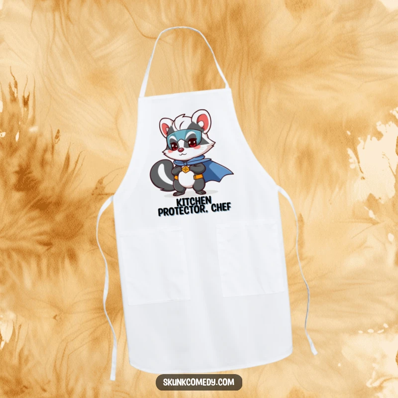 Funny skunk apron showing a skunk dressed as a superhero with a cape, ready to cook.