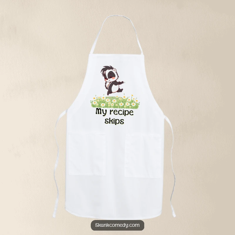 Funny skunk apron depicting a happy skunk skipping through daisies, bringing cheerful charm to cooking.