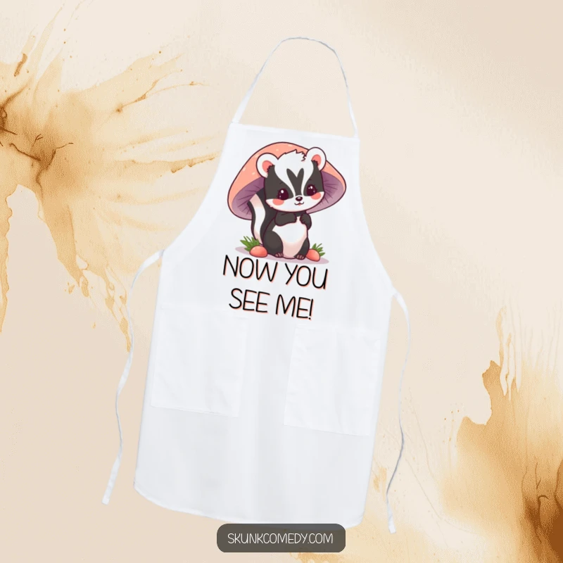 Funny kawaii skunk peeking from behind a mushroom, a cute and humorous kitchen apron for culinary fun.