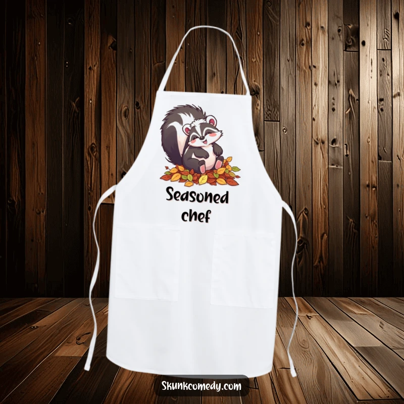 Funny skunk apron showing a happy skunk tumbling in autumn leaves, perfect for fall baking.