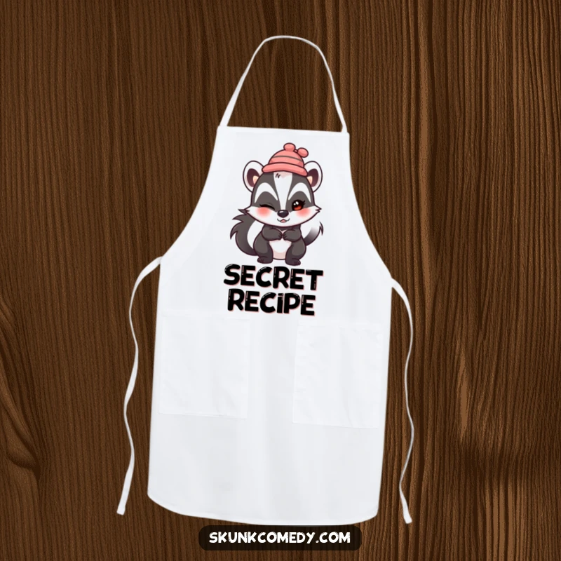 Funny skunk apron, wearing a tiny hat, winking mischievously, humorous kitchen wear for chefs.