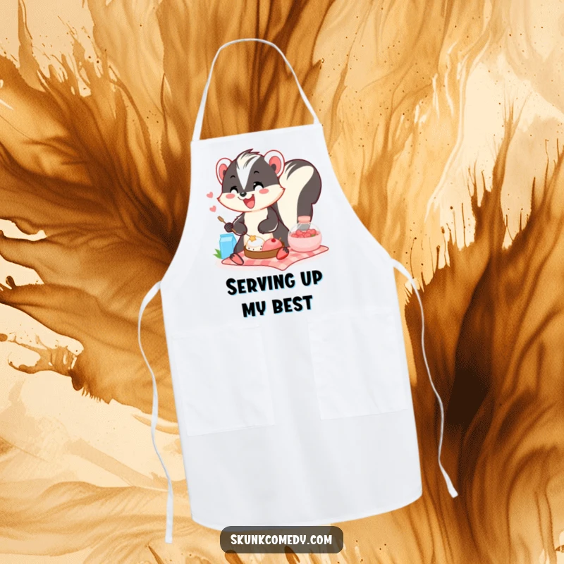 Funny skunk picnic apron showing a smiling skunk preparing food, perfect for chefs who enjoy a laugh.