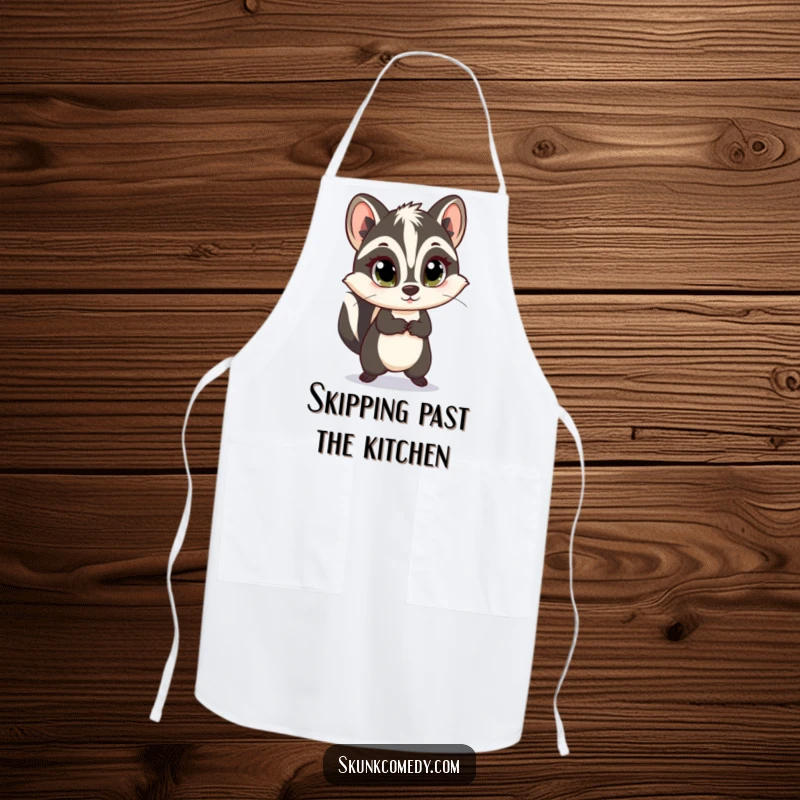 Funny skunk apron featuring a skunk with innocent eyes doing a cheerful skip, perfect for adding fun to the kitchen.
