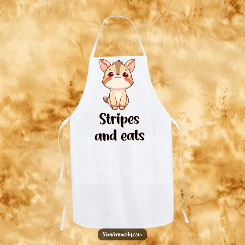 Funny apron depicting a bold striped animal character looking upwards with wonder, ideal for kitchen tasks and adding a humorous touch to cooking.