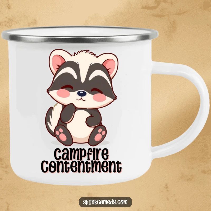Funny Kawaii Skunk Camping Mug with a skunk sighing contentedly, perfect for peaceful outdoor activities and gifting relaxation.