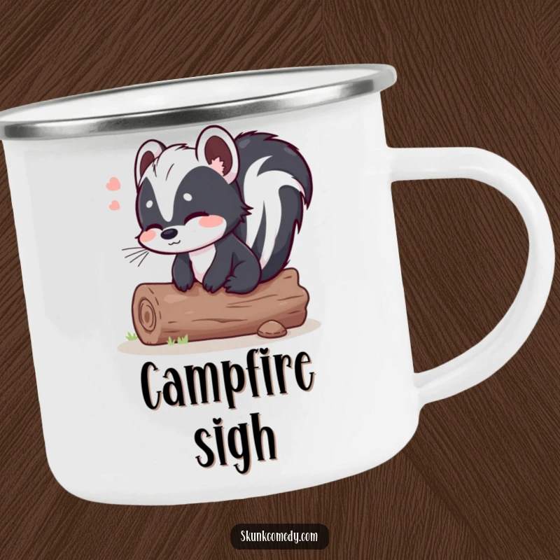 Funny skunk log camping mug, a skunk sits on a comfortable log with a relieved sigh, durable outdoor drinkware with humor.