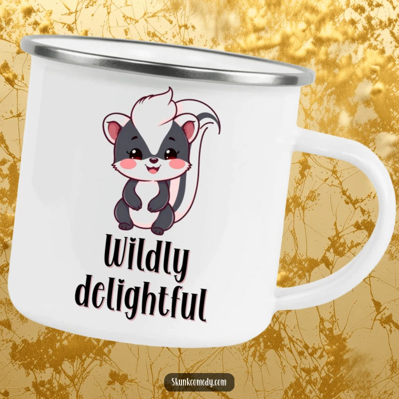 Funny Kawaii Skunk camping mug featuring a smiling skunk with its tail held high, perfect for enjoying drinks outdoors with charm.