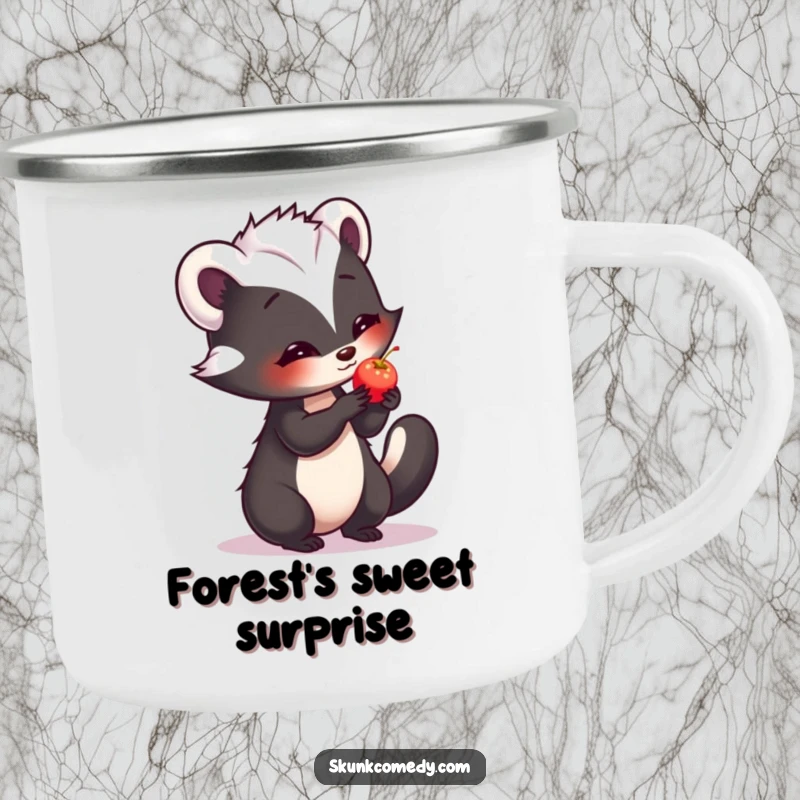 Funny camping mug showing a shy skunk offering a small, glowing berry with a sweet expression.