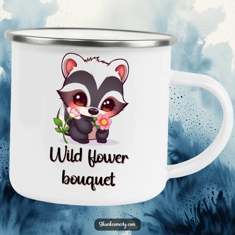 Funny skunk with wide, curious eyes sniffing a flower, a charming and humorous design for this outdoor camping mug.