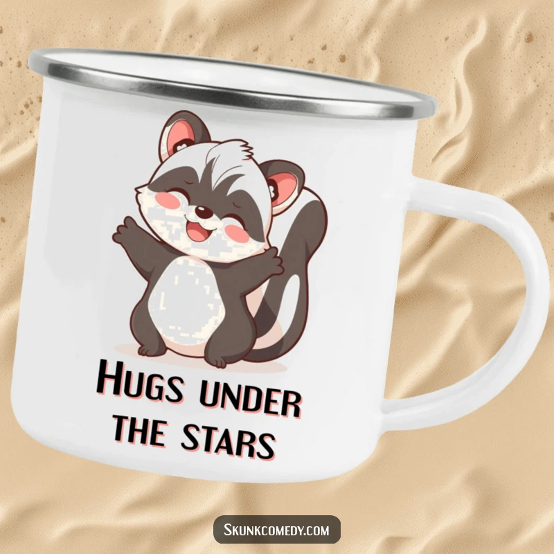 Funny skunk camping mug featuring a skunk with its paws spread wide, ready for a joyful embrace.