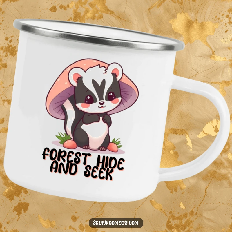 Funny kawaii skunk peeking from behind a mushroom, perfect for sipping hot drinks outdoors on this camping mug.