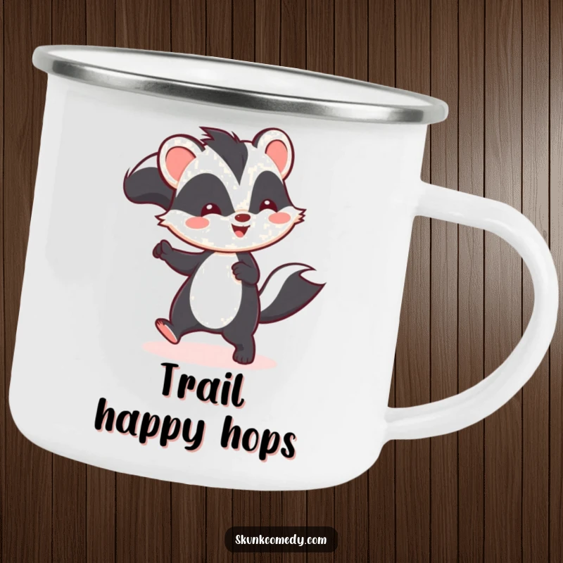 Funny Kawaii skunk camping mug showing a skunk happily hopping, perfect for adventurers who love humor.
