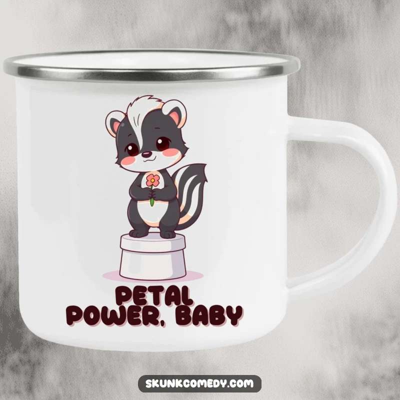 Funny camping mug showing a proud skunk standing on a pedestal, holding a flower with dignity.