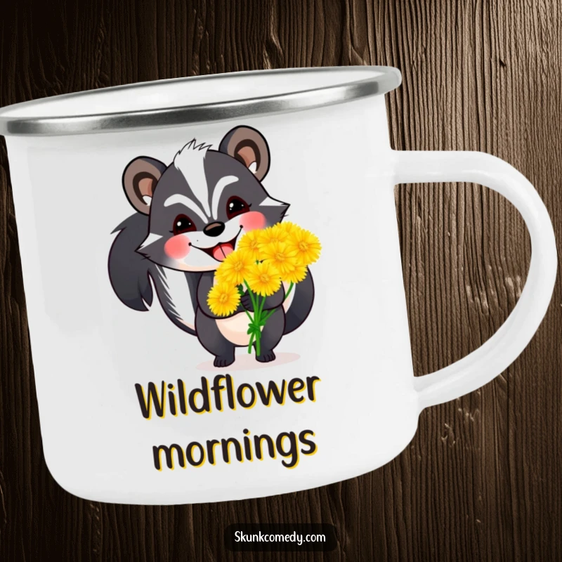Funny skunk camping mug depicting a skunk with a wide grin holding oversized dandelions, a humorous and durable drinkware for outdoor enthusiasts.