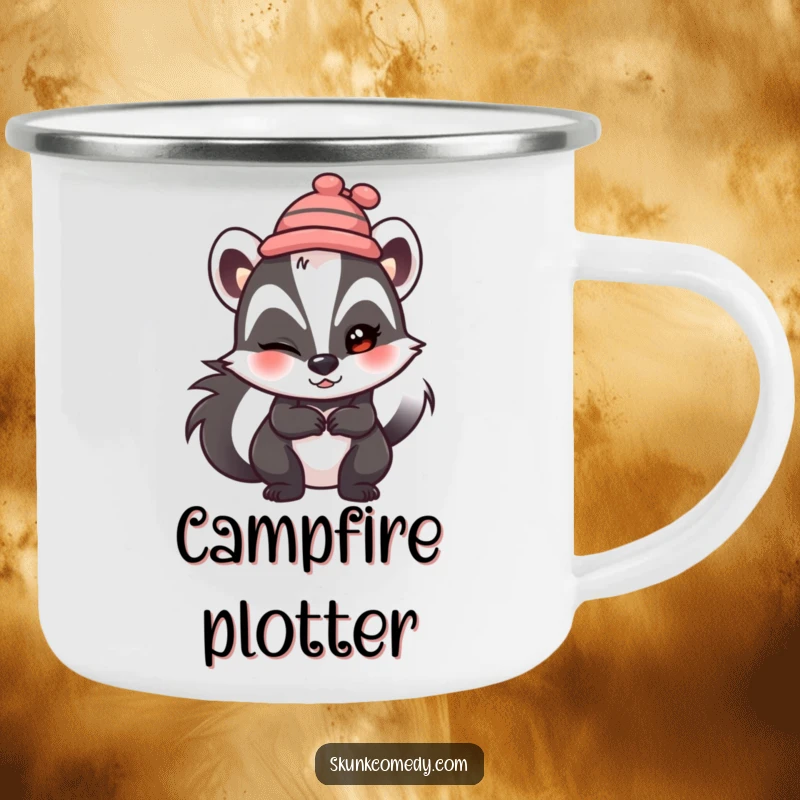 Funny skunk camping mug, wearing a tiny hat, winking mischievously, durable and humorous for outdoors.