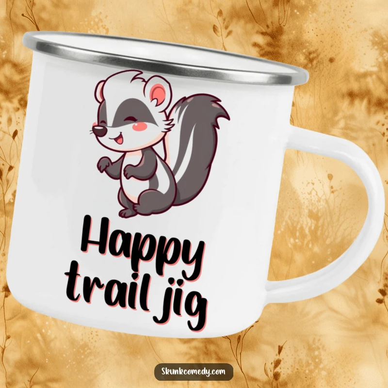 Funny enamel camping mug with a happy skunk doing a lively jig, its tail held high, bringing celebration to outdoor drinks.
