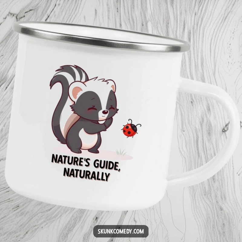 Funny skunk camping mug showing a skunk helping a ladybug, durable and inspiring kindness outdoors.