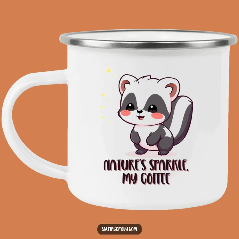 Funny Kawaii Skunk Sparkle Camping Mug, Joyful Stinker Enamel Cup, Cute Animal Outdoor