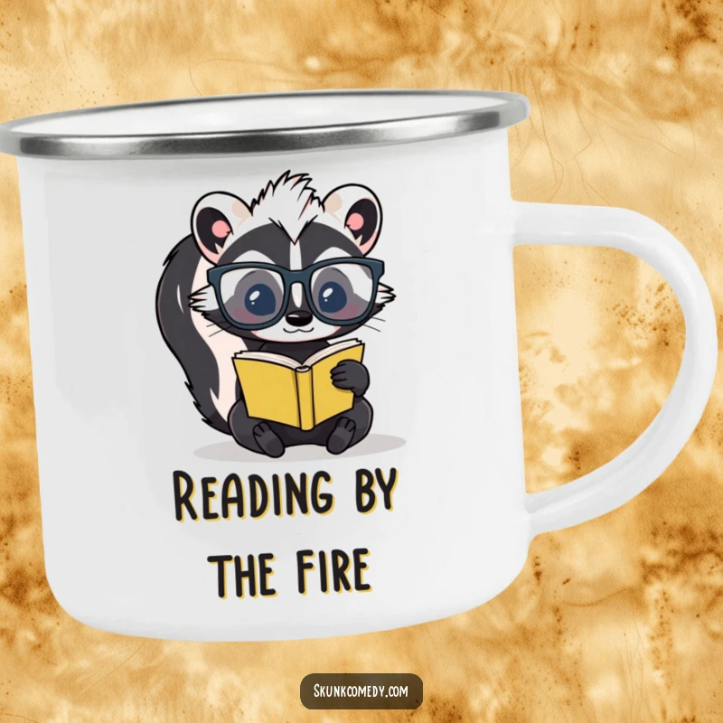 Funny skunk in oversized glasses reading a tiny book on a rugged enamel camping mug, perfect for intellectual outdoor moments.