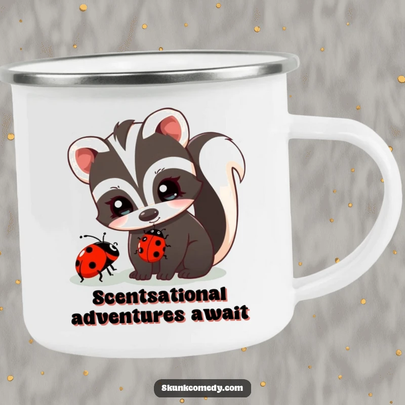 Funny skunk with twinkling eyes curiously observes a ladybug, enamel camping mug, cute outdoor design, humorous gift.
