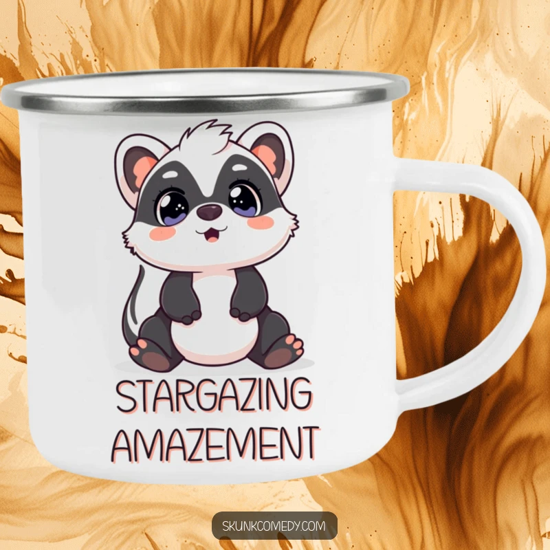 Funny Kawaii Skunk camping mug featuring a skunk with surprised, wide eyes looking up, perfect for enjoying drinks outdoors with amusement.