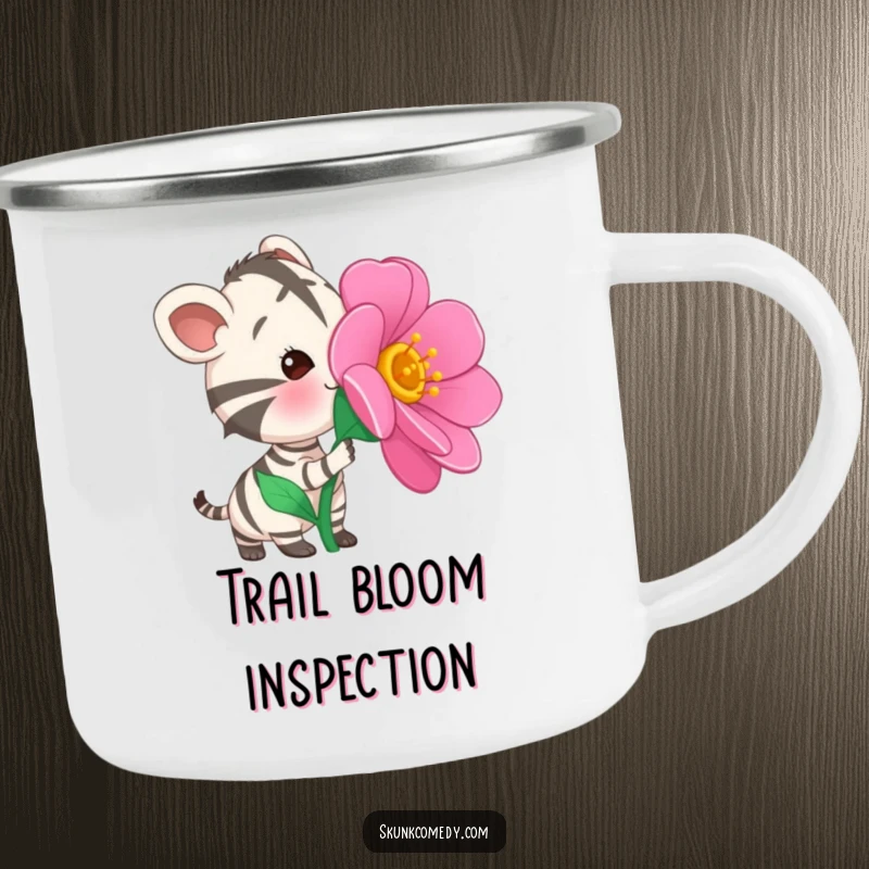 Funny Striped Animal Camping Mug showing a curious striped creature sniffing a large, colorful, oversized flower in the wild.