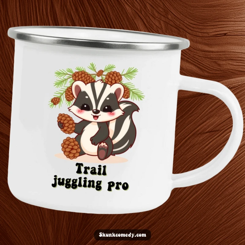 Funny skunk camping mug, playfully juggling pinecones, durable and humorous mug for outdoor activities.
