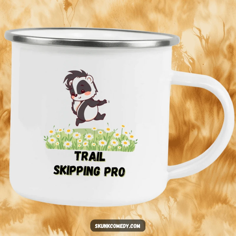 Funny skunk camping mug featuring a happy skunk skipping through daisies, ready for cheerful outdoor enjoyment.