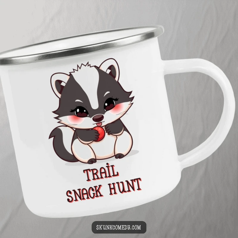 Funny skunk camping mug, determined expression, rolling a small berry, durable and motivational for outdoor use, a perfect funny gift.