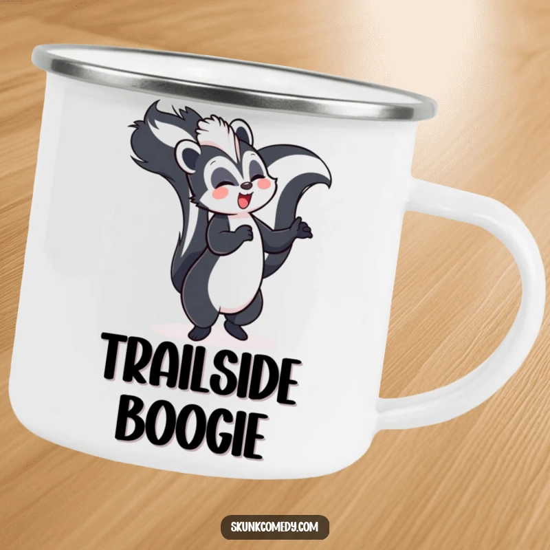 Funny skunk camping mug, joyfully dancing with its tail held high, durable and humorous for outdoors.