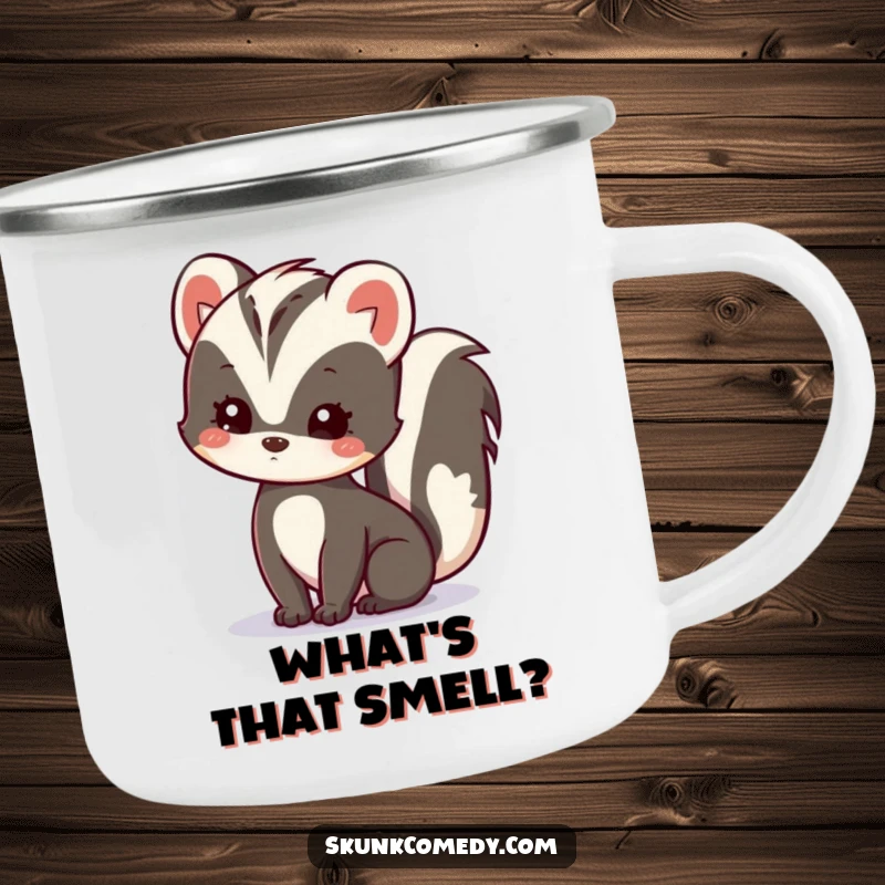 Funny Kawaii Skunk Camping Mug showing a skunk tilting its head, embodying gentle curiosity for outdoor enthusiasts, a great gift.