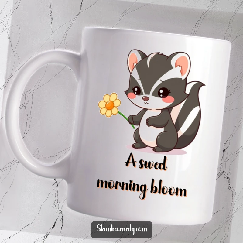 Funny Kawaii Skunk mug featuring a cute skunk charmingly offering a flower, embodying sweetness, kindness, and adorable gestures.